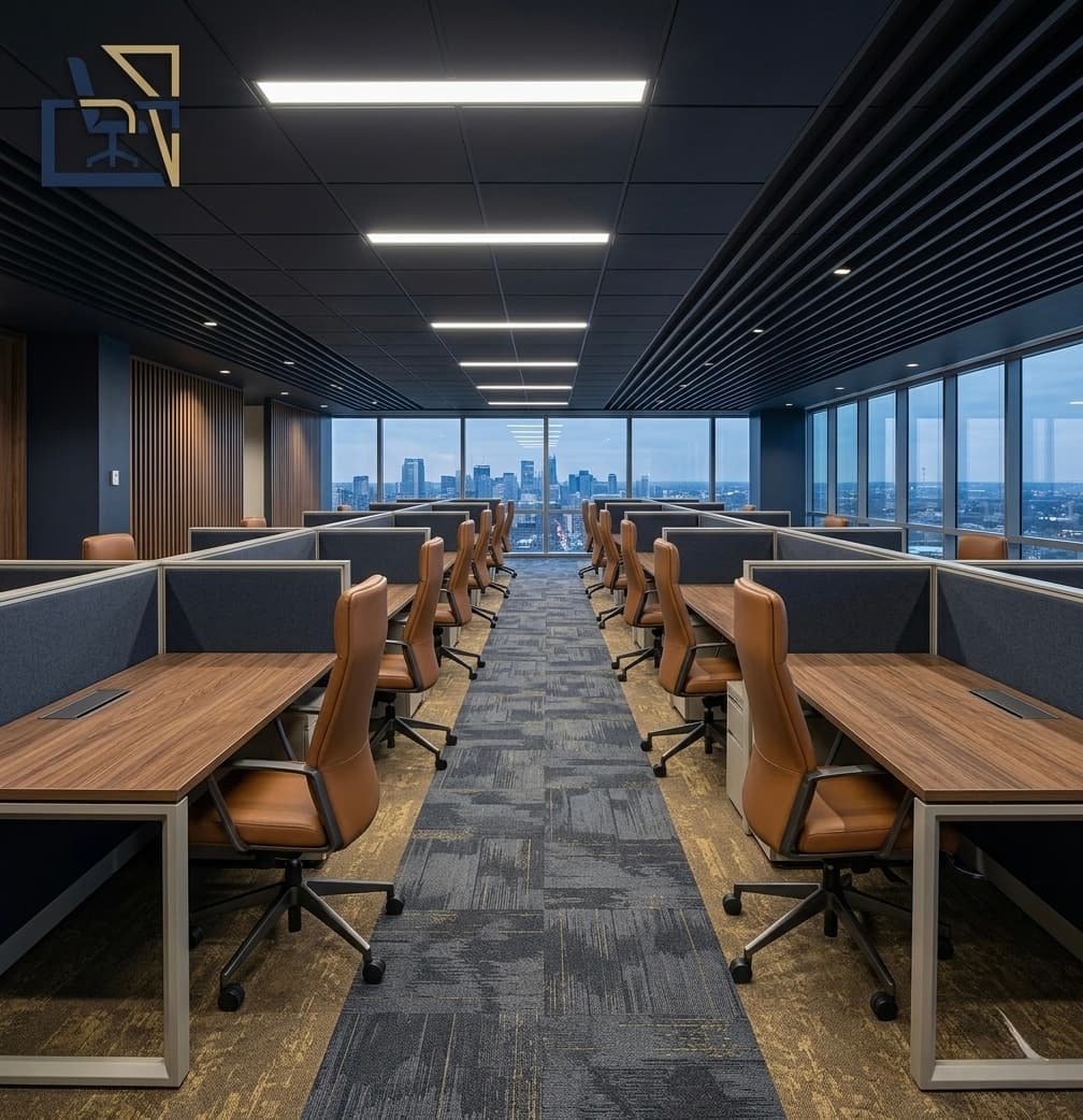 Workstations con sillería café y vista a la ciudad